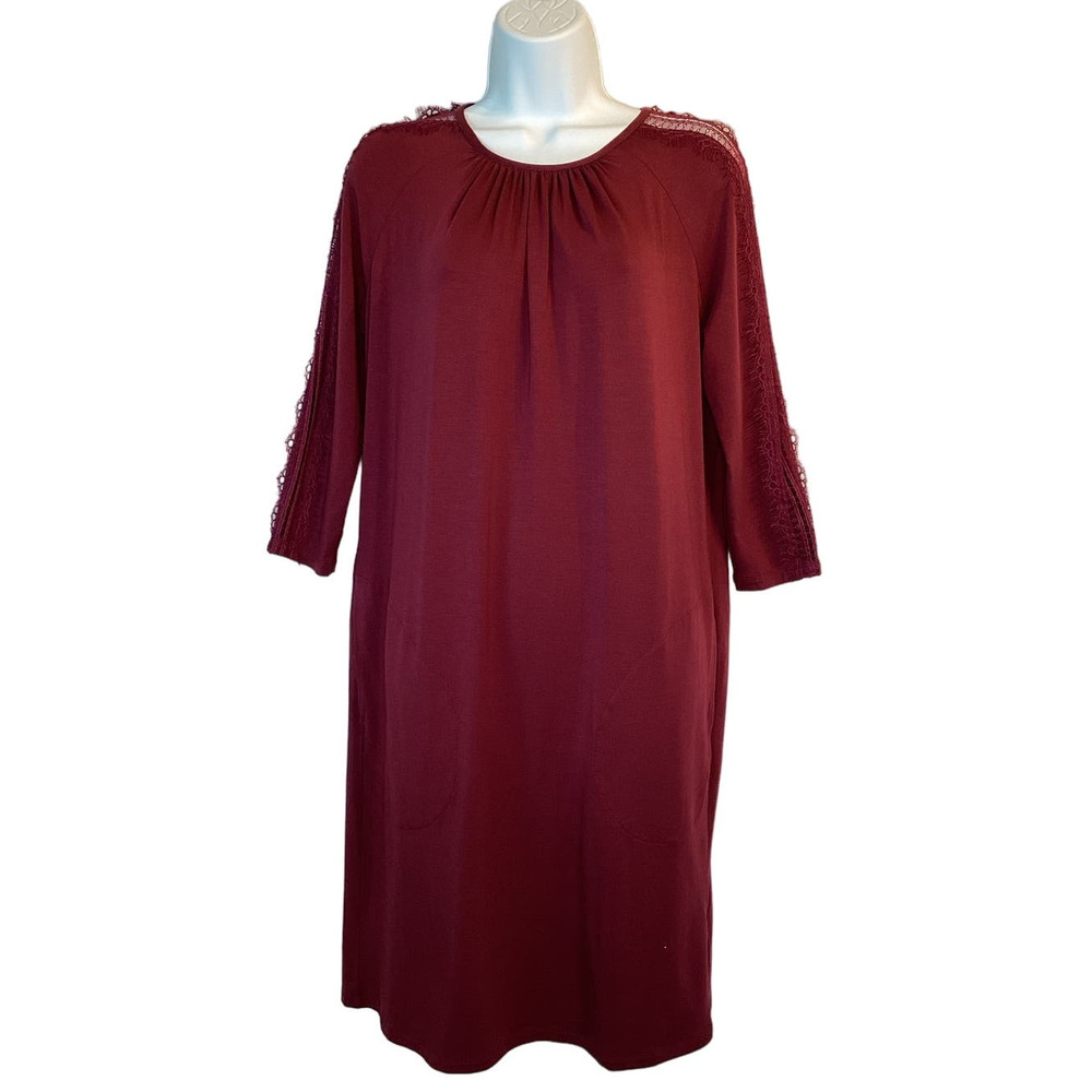 Garnet Hill Luna Lace-Inset Knit 3/4 Sleeve Dress Pockets Zipper Red Size‎ XS